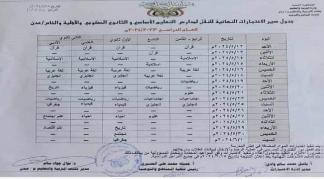 جدول الامتحانات بعدن والمناطق المحررة